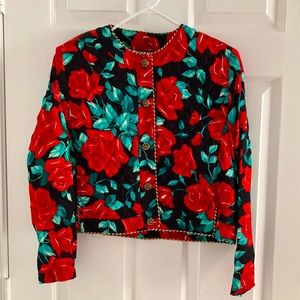 Quilted lightweight jacket with gold braid trim and rose floral pattern size 7/8